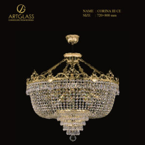 Đèn lồng pha lê trang trí CORINA III POLISHED CE nổi bật với tầng pha lê nhiều lớp phản chiếu ánh sáng rực rỡ, lý tưởng cho không gian biệt thự, sảnh lớn hoặc khách sạn cao cấp.