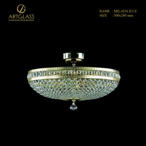 Đèn lồng pha lê MILADA II FULL CUT CE từ thương hiệu Artglass, kích thước 500x280mm, trọng lượng 7.5kg, thiết kế cổ điển châu Âu với ánh sáng pha lê ấm áp và sang trọng.