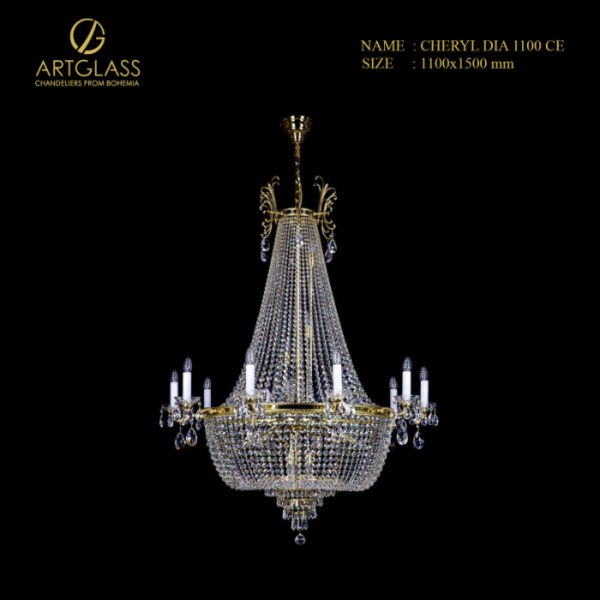 Đèn thả pha lê CHERYL DIA 1100 CE chính hãng Artglass (CH Séc), đường kính 1100mm, cao 1500mm, gồm 23 bóng đèn 40W.
