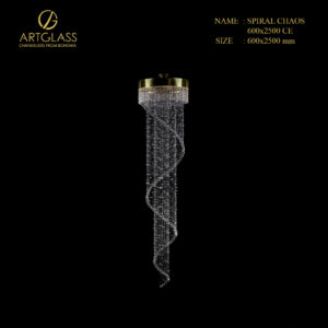 Cận cảnh đèn thả pha lê thông tầng SPIRAL 600x2500 CHAOS CE với các chuỗi pha lê cao cấp thả dài 2.5m theo hình xoắn ốc từ đế đèn tròn mạ vàng.
