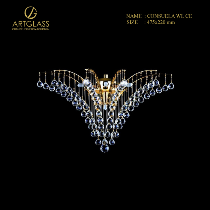 den-tuong-pha-le-consuela-wl-ce Đèn tường pha lê CONSUELA WL CE 4 bóng 40W G9 với thiết kế hình cánh cung độc đáo, khung đồng thau mạ vàng và pha lê cao cấp CH Séc phản chiếu ánh sáng rực rỡ, tôn lên vẻ sang trọng của không gian sống.