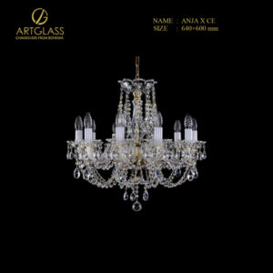 Đèn chùm pha lê ANJA X CE do Artglass sản xuất tại Tiệp Khắc, kiểu dáng cổ điển gồm 10 tay đèn bằng đồng thau mạ vàng, trang trí bằng hạt và giọt pha lê cao cấp.