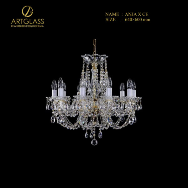 Đèn chùm pha lê ANJA X CE do Artglass sản xuất tại Tiệp Khắc, kiểu dáng cổ điển gồm 10 tay đèn bằng đồng thau mạ vàng, trang trí bằng hạt và giọt pha lê cao cấp.