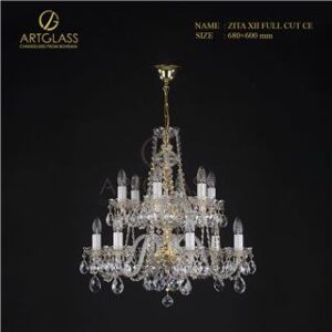 Đèn chùm pha lê ZITA XII FULL CUT CE nhập khẩu chính hãng Artglass Tiệp Khắc, thiết kế cổ điển với 12 bóng nến và các hạt pha lê cao cấp mài vát toàn phần (full cut) tinh xảo.