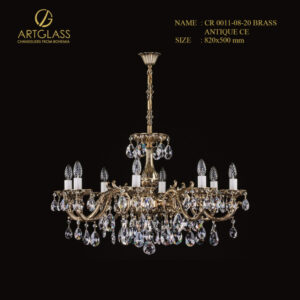 Đèn chùm pha lê CR 0011-08-20 BRASS ANTIQUE CE chính hãng Artglass (Tiệp Khắc), thiết kế 8 bóng nến trên bộ khung bằng đồng giả cổ với tay đèn uốn lượn mềm mại và trang trí bằng hạt pha lê cao cấp.