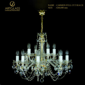 Hình ảnh chi tiết đèn chùm pha lê Artglass CARMEN FULL CUT R14 CE, thiết kế 14 bóng nến và trang trí bằng pha lê full cut cao cấp trên nền đen.