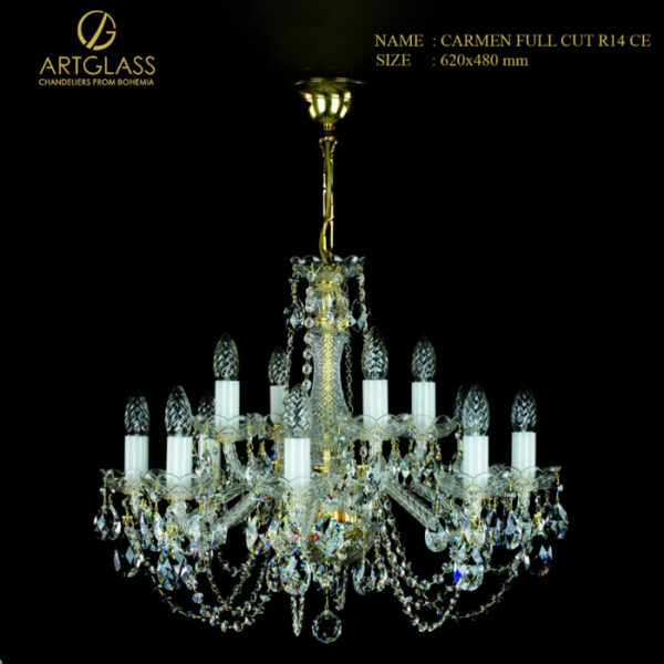 Hình ảnh chi tiết đèn chùm pha lê Artglass CARMEN FULL CUT R14 CE, thiết kế 14 bóng nến và trang trí bằng pha lê full cut cao cấp trên nền đen.