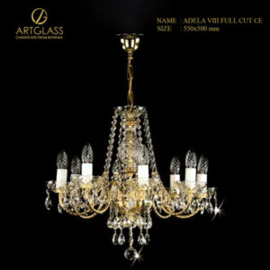 Đèn chùm pha lê ADELA VIII FULL CUT CE của Artglass Bohemia, thiết kế 8 tay đèn mạ vàng và trang trí bằng pha lê full cut lấp lánh.